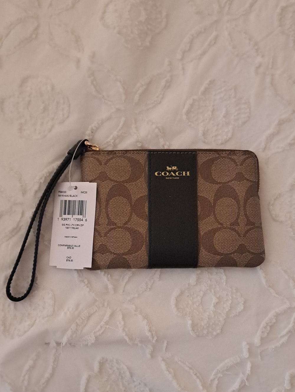 Coach Brown Signature Canvas Wristlet with Black Center Stripe